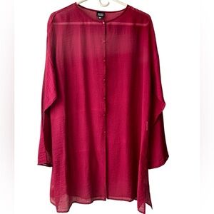 EUC Eileen Fisher Womens Sheer Button Up Blouse, Berry (Size L)